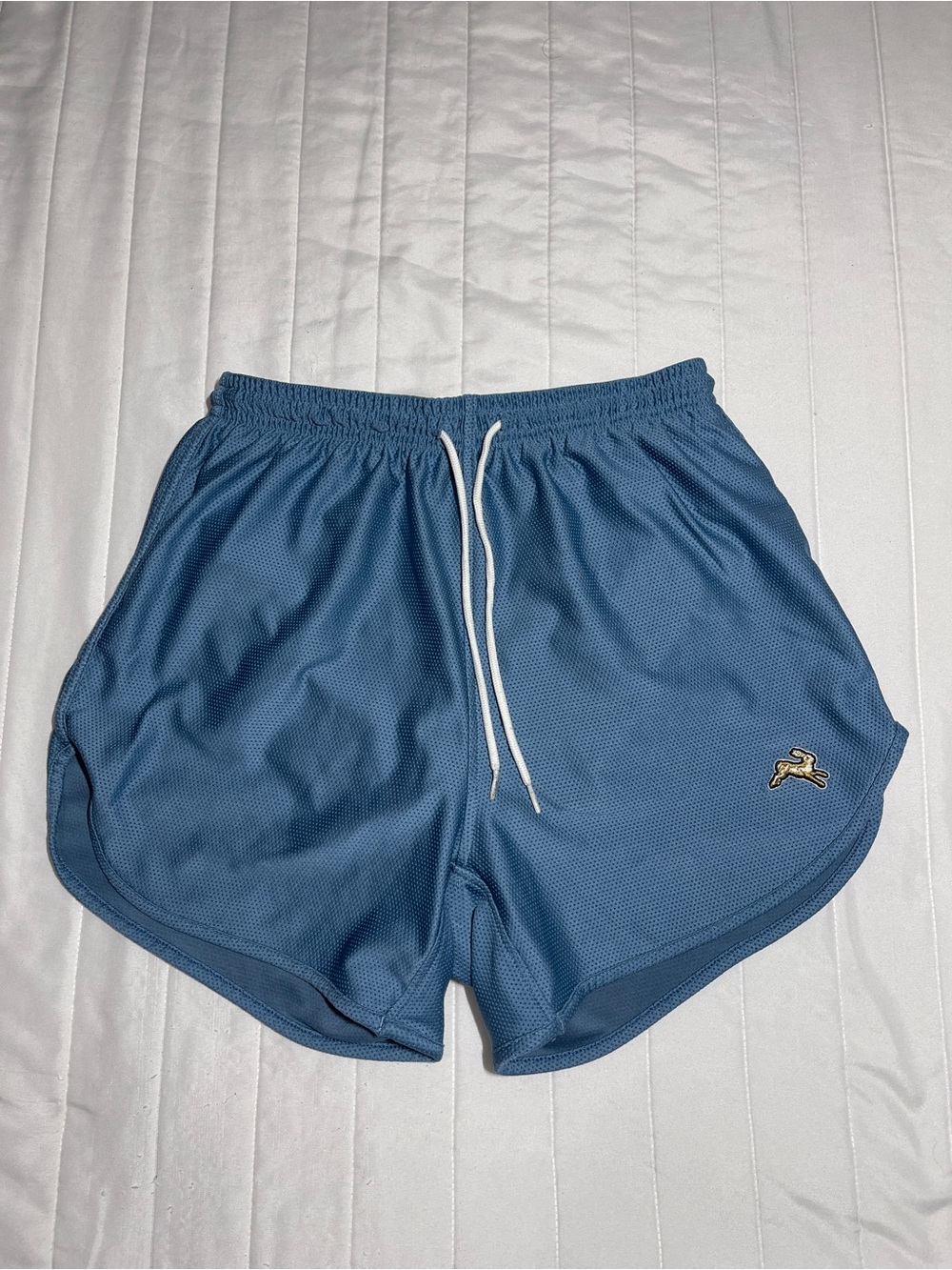 Tracksmith Women's Athletic Shorts in Dusty Blue with White Drawstring